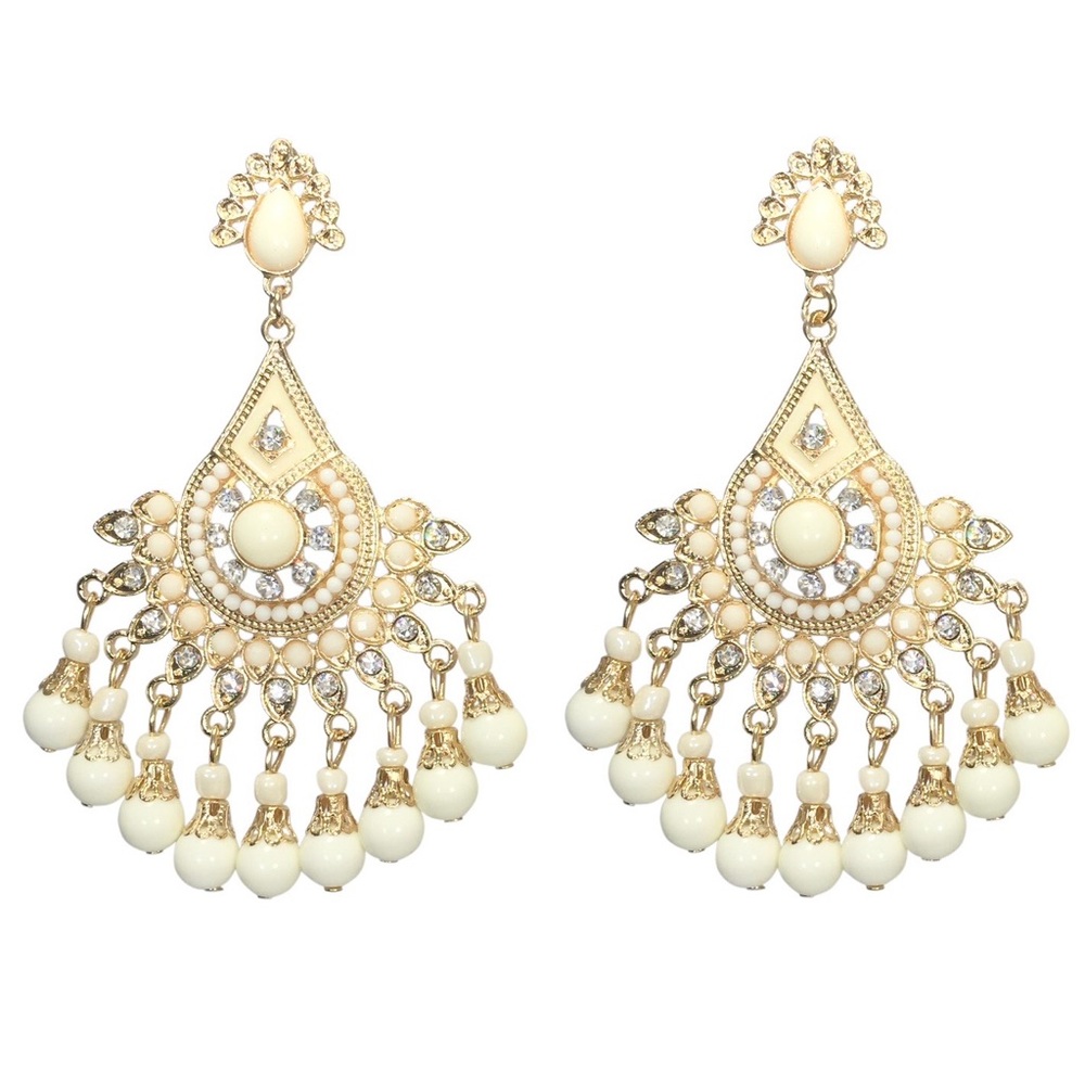Large Cream Bead Chandelier Statement Drop Earrings